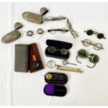 Various spectacles and optical items, wooden rules and measures, compass, whistle, etc (2 boxes)