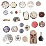 Assorted hatpins, compact mirrors with advertising to reverse (1 box)