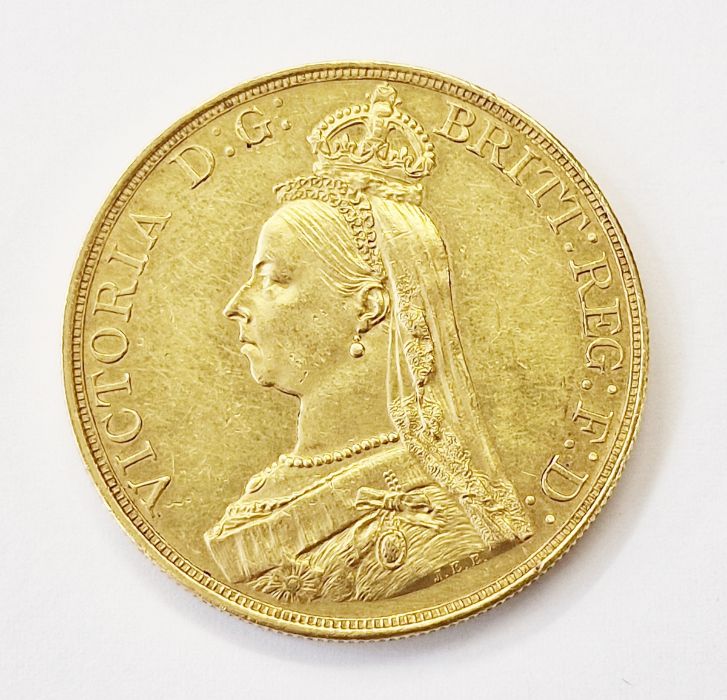 Victorian gold £5 coin 1887, vf with few bag marks and small edge bruises - Bild 2 aus 2