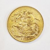 Gold sovereign 1918, scarce Indian mint Bombay 1918 sovereign I on ground line for Bombay