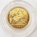 Gold proof half-sovereign 1980, coin is impaired, proof marks (fingers) on coin surface