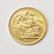 Gold sovereign 1907, Melbourne Mint, M on ground line