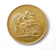 Victorian gold £5 coin 1887, vf with few bag marks and small edge bruises