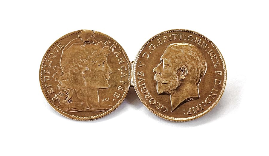 Gold 10 franc coin and gold 1914 half-sovereign coin brooch