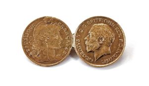 Gold 10 franc coin and gold 1914 half-sovereign coin brooch