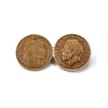 Gold 10 franc coin and gold 1914 half-sovereign coin brooch