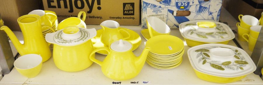 Poole pottery 'Twintone' yellow and white part dinner service to include lidded tureens, plates,