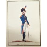 Four military prints, a pair of etchings framed as one showing continental scenes and a