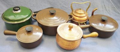Le Creuset cast iron and brown enamelled lidded casserole, a Cousances cast iron and brown enamelled