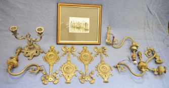 Brass and glass drop ceiling light, assorted brass sconces and assorted brass light fittings,