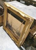 Gilt gesso and carved picture frame (some damage, possibly pieces missing, one piece loose) and a