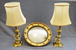 Pair of brass table lamps and a circular convex mirror (3)