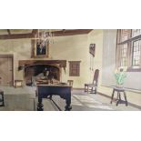 After Norman Wilkinson  Large colour print  Interior scene of a dining room with large inglenook