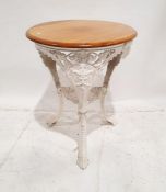 Victorian white painted cast iron pub table with circular wooden top, on three legs
