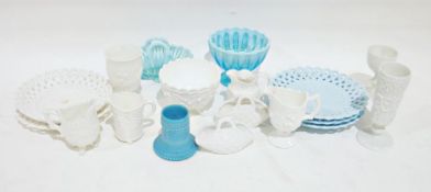 Quantity of Fentons blue milk glass to include tinted baskets, plates, white milk glass to include