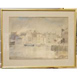 Sybil Mulland Glover - 20th century Watercolour Town scene by a river with moored boats, signed
