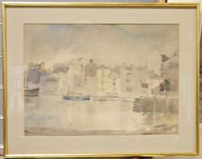 Sybil Mulland Glover - 20th century Watercolour Town scene by a river with moored boats, signed