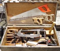 Two vintage wooden tool boxes containing assorted tools to include woodworking planes, G-clamps,