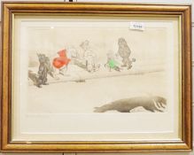 Coloured etchings after Boris O'Klein from the Dogs of Paris Series, to include "Tu vieu beau