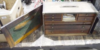 Vintage wooden tool box containing assorted tools to include drill bits, spanners, etc