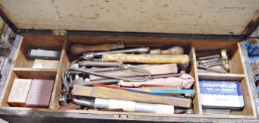 Vintage wooden tool box containing assorted tools to include spanners, chisel, etc
