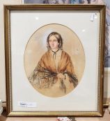 Unattributed Watercolour  Half portrait of a young woman holding a shawl about her shoulders with