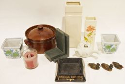 Studio pottery lidded casserole, a vintage Schweppes soda syphon, a quantity of James Bond