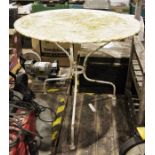 White painted metal garden table Condition ReportTop is painted mesh.  Joints are intact, no