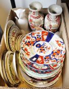 Three Imari-style plates, two Japanese satsuma-style vases and assorted chinaware (2 boxes)