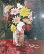 Painting of chrysanthemums in a pot, brass rubbings, an oval mirror, a reproduction poster public