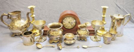 Wooden cased mantel clock, Napoleon-hat shaped, a pair of brass candlesticks, plated teapot,