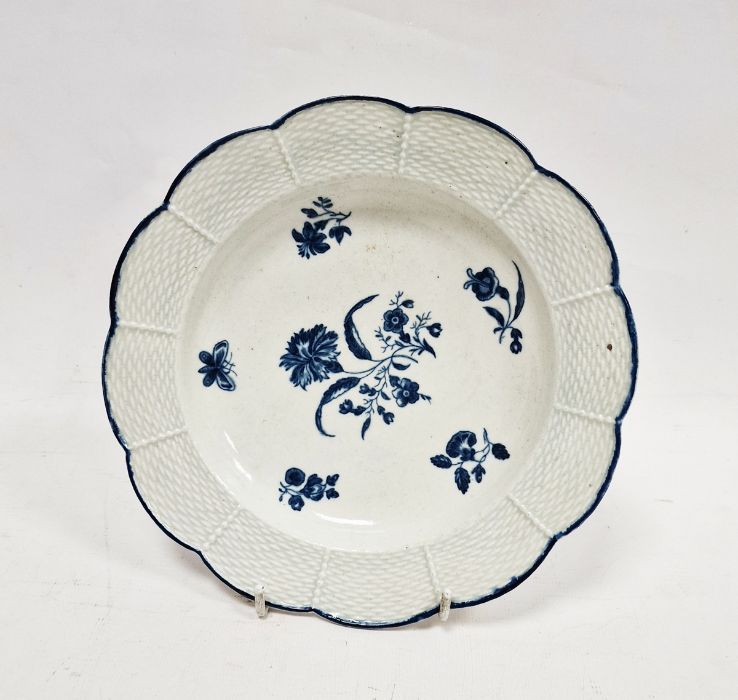 Worcester blue and white basket moulded plate, circa 1775, blue crescent mark, printed with