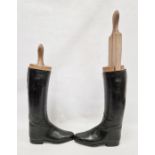 Pair of black leather riding boots with wooden trees, stamped 8 1/2 D / 3532 7, the trees incised