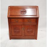 Chinese rosewood bureau with fall front, fitted interior of two short drawers and cupboard below,