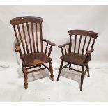 Two farmhouse style carver rail back chairs with turned stretcher supports (2)