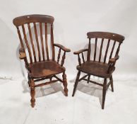 Two farmhouse style carver rail back chairs with turned stretcher supports (2)