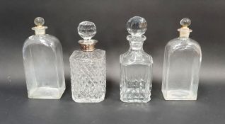 Silver collared cut glass spirit decanter and stopper, square section, hallmarked for Birmingham