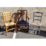 Modern beech rush seated chair together with a grey painted rush seated chair and a mahogany