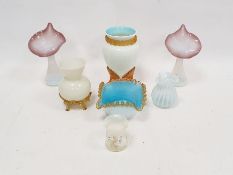 Group of Victorian and Edwardian opaline glass vases, comprising an oviform vase with trailed