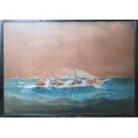 19th century school  Watercolour  "The Ganymede in a Gale 1881", naive maritime study of the listing
