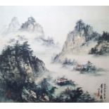 20th century Japanese school  Watercolour  Mountainous landscape with dwellings, signed and
