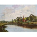 J Avery (20th century) Oil on canvas River scene with swans and church in background, signed lower
