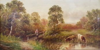 19th century school  Oil on canvas  Landscape with cattle watering at stream, with female figure