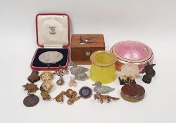 Small quantity of military buttons, in wooden box, a 1910-1935 commemorative medal in case, a