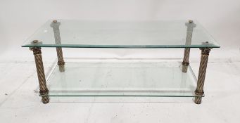 Late 20th century glass two-tier rectangular coffee table on metal column supports, 108cm x 55cm
