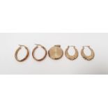 Pair of 9ct gold hoop earrings, 1g approx., a pair of gold-coloured earrings and a 9ct gold circular