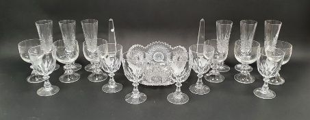 Group of glassware to include six wine glasses engraved with game birds, six cut glass flutes, six