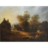 19th century school Oil on canvas  Farmyard scene depicting horses watering at pond in foreground,