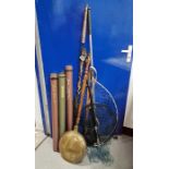 Fishing tackle, to include landing nets, fishing rod, fishing rod cases and a copper warming pan
