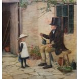 Henry Terry (British fl. 1879-1920) Watercolour Young girl and elderly gentleman before a cottage,